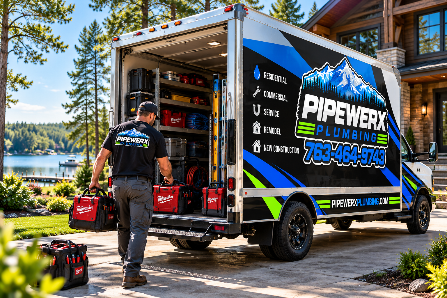 Pipewerx Plumber Unloading Tools at Lakeside Home